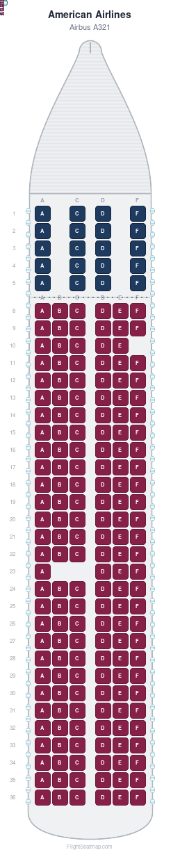 American Airlines Airbus A321 seat map layout showing 2-class configuration with 191 seats