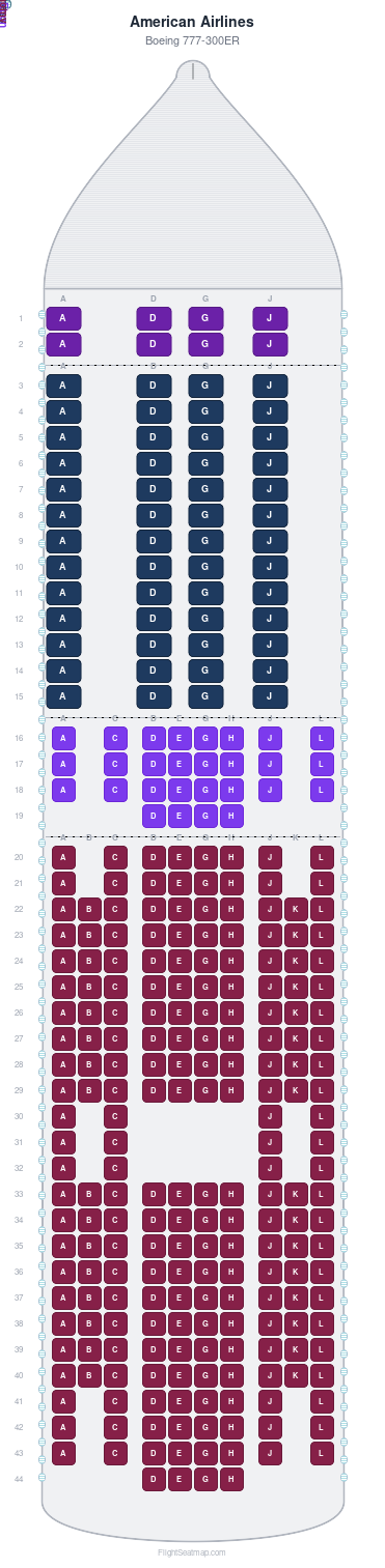 American Airlines Boeing 777-300ER seat map layout showing 4-class configuration with 304 seats
