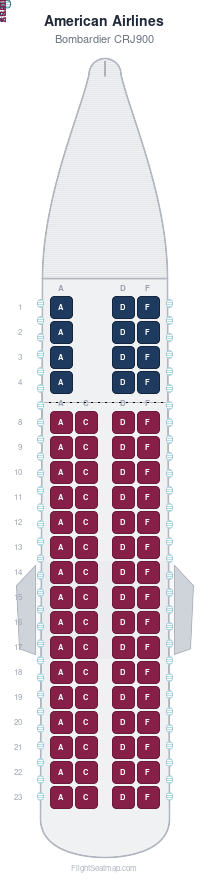 American Airlines Bombardier CRJ900 seat map layout showing 2-class configuration with 76 seats