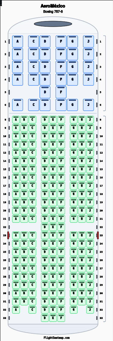 Top Map View AeroMéxico Boeing 787-8 Seat Map (2-Class) | FlightSeatmap