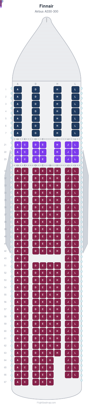 Finnair Airbus A330-300 seat map layout showing 3-class configuration with 279 seats