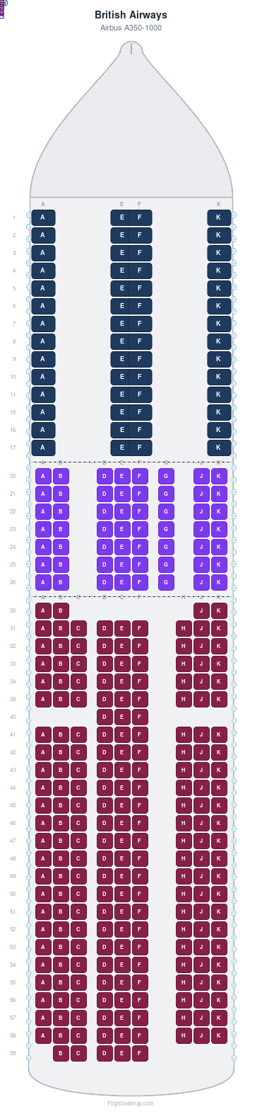 British Airways Airbus A350-1000 seat map layout for flight BA8 from HND to LHR