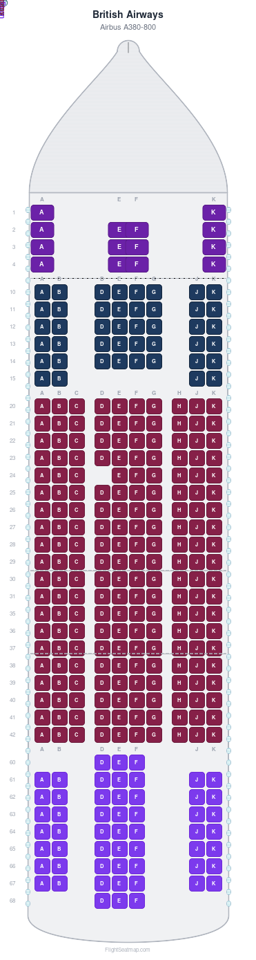 British Airways Airbus A380-800 seat map layout for flight BA57 from LHR to JNB