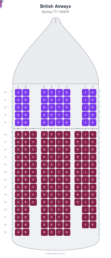 British Airways Boeing 777-300ER seat map layout for flight BA55 from LHR to JNB