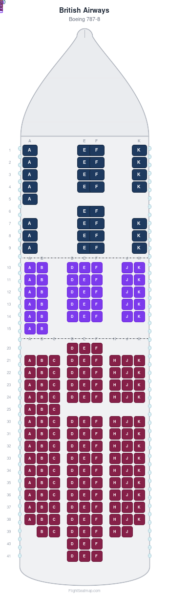 British Airways Boeing 787-8 seat map layout for flight BA5 from LHR to HND