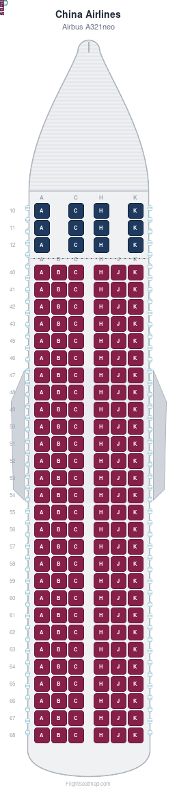 China Airlines Airbus A321neo seat map layout for flight CI910 from HKG to TPE