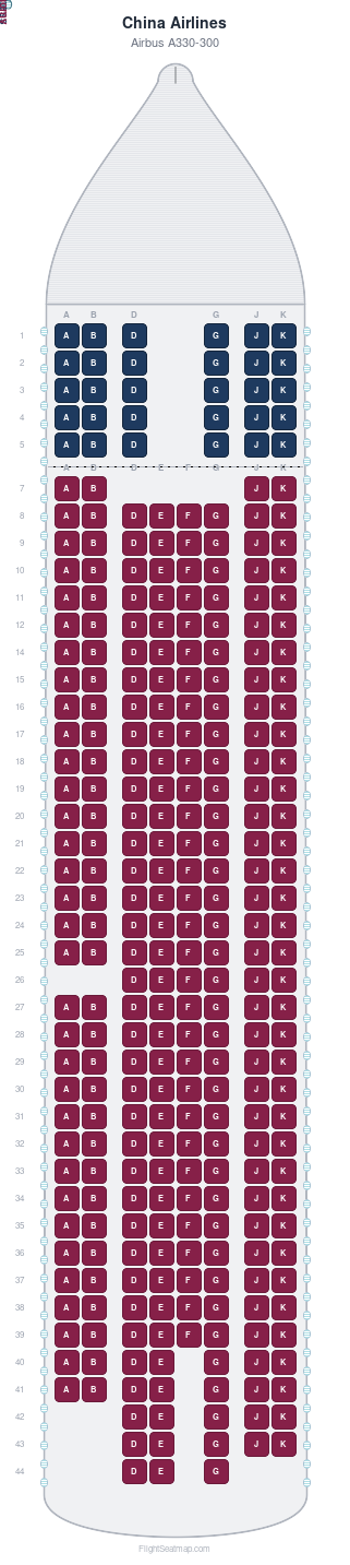 China Airlines Airbus A330-300 seat map layout showing 2-class configuration with 307 seats
