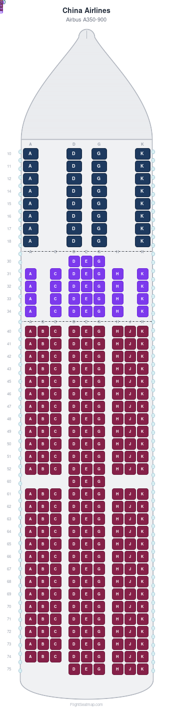 China Airlines Airbus A350-900 seat map layout showing 3-class configuration with 306 seats