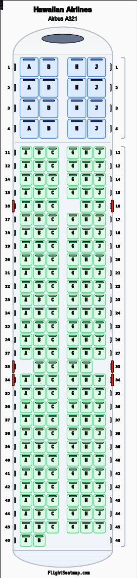Hawaiian Airlines Airbus A321（2クラス）座席マップ | Flight Seatmap