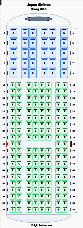 Japan Airlines Boeing 787-8(2舱位)座位图 | Flight Seatmap
