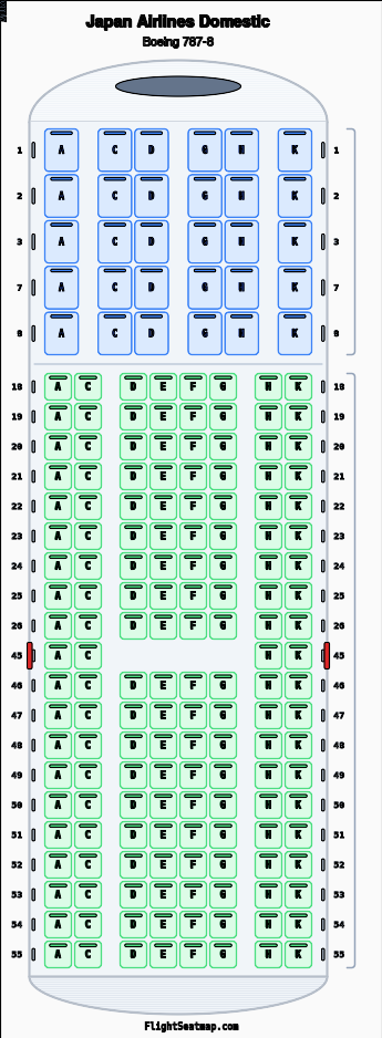 Japan Airlines Domestic Boeing 787-8（2舱位）座位图| Flight Seatmap