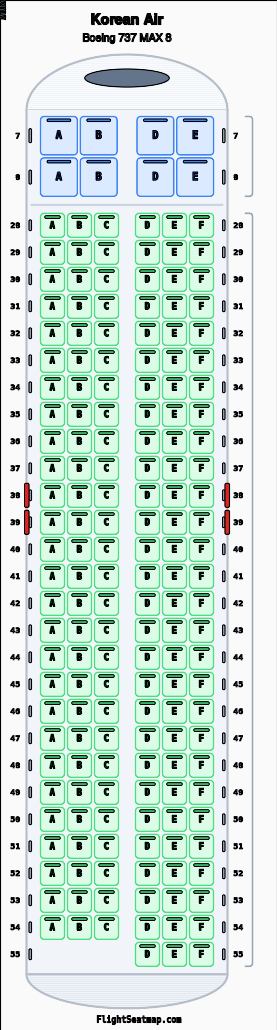 Korean Air Boeing 737 MAX 8（2クラス）座席マップ | Flight Seatmap