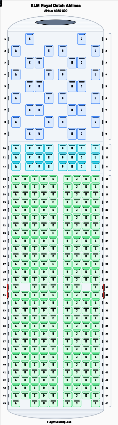 KLM Royal Dutch Airlines Airbus A350-900(3舱位)座位图 | Flight Seatmap