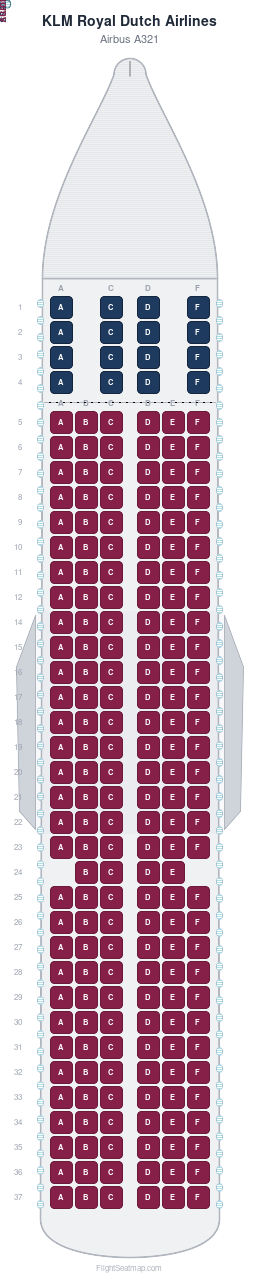 KLM Royal Dutch Airlines Airbus A321 seat map layout showing 2-class configuration with 206 seats