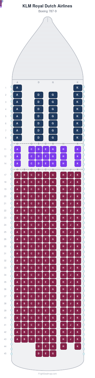 KLM Royal Dutch Airlines Boeing 787-9 seat map layout showing 3-class configuration with 275 seats