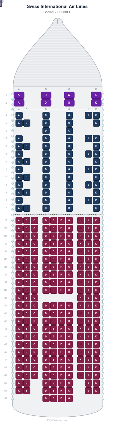 Swiss International Air Lines Boeing 777-300ER seat map layout showing 3-class configuration with 296 seats