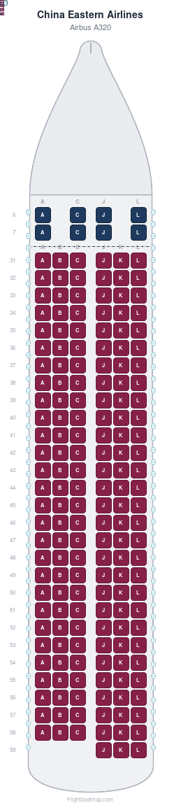China Eastern Airlines Airbus A320 seat map layout showing 2-class configuration with 179 seats