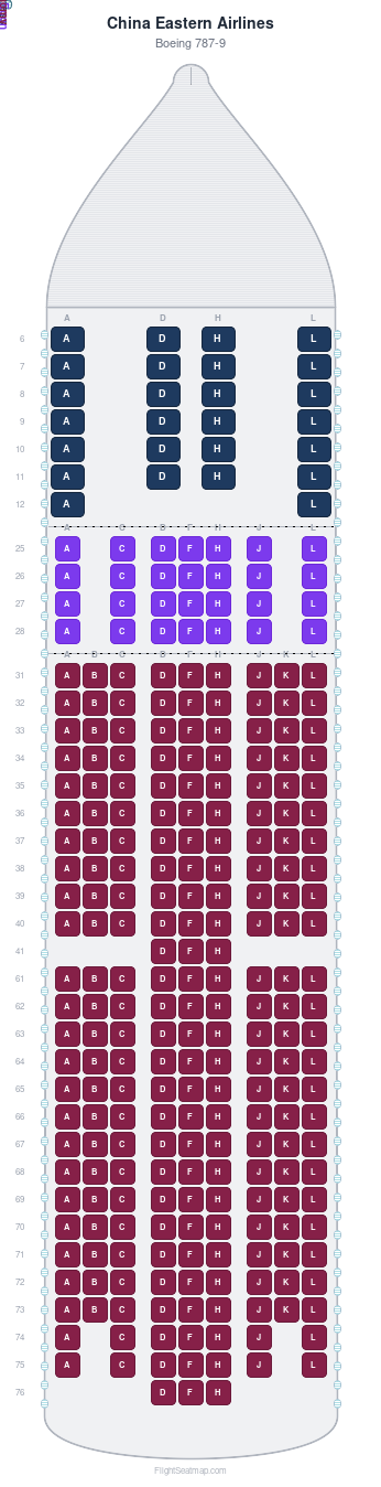 China Eastern Airlines Boeing 787-9 seat map layout showing 3-class configuration with 281 seats