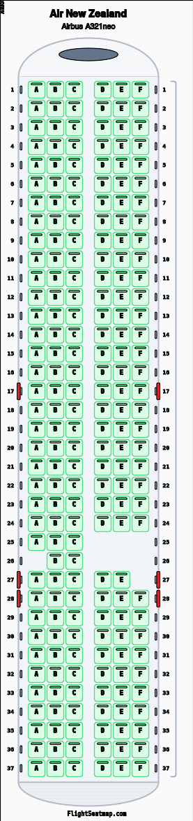 ニッコー　サンダーマップ　1/10 Air New Zealand Airbus A321neo（1クラス）座席マップ | Flight Seatmap