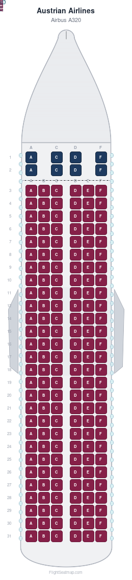 Austrian Airlines Airbus A320 seat map layout for flight OS9004 from HER to VIE