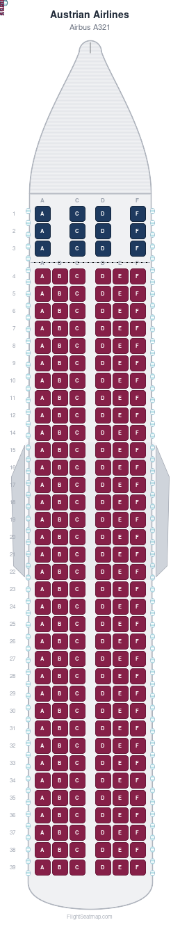 Austrian Airlines Airbus A321 seat map layout showing 2-class configuration with 222 seats