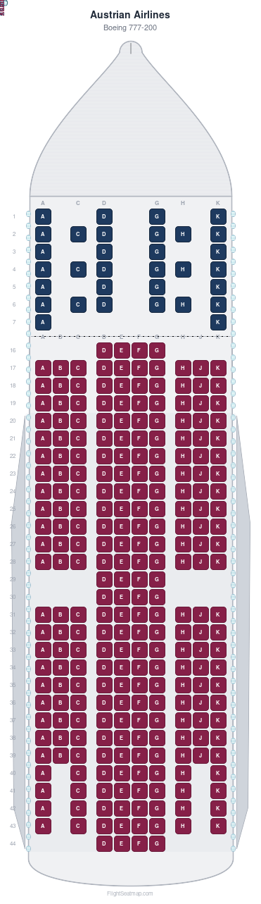 Austrian Airlines Boeing 777-200 seat map layout for flight OS90 from EWR to VIE