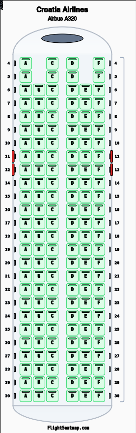 Croatia Airlines Airbus A320(1舱位)座位图 | Flight Seatmap
