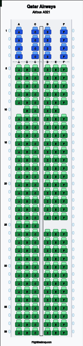 Qatar Airways Airbus A321（2クラス）座席マップ | Flight Seatmap