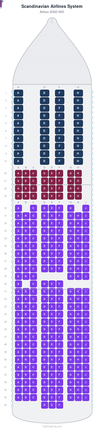 Scandinavian Airlines System Airbus A350-900 seat map layout showing 3-class configuration with 300 seats