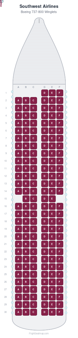 Southwest Airlines Boeing 737-800 Winglets seat map layout showing 1-class configuration with 175 seats